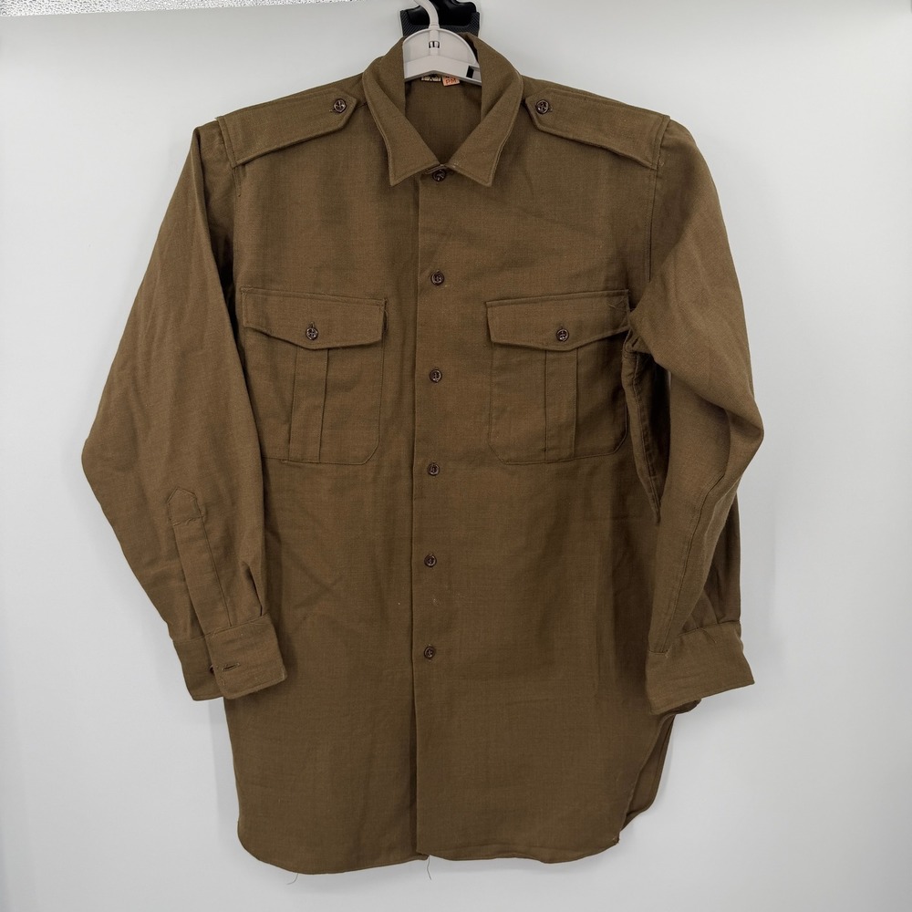 Vintage 50s French Army Military Utility Shirt Olive Drab Wool Sz 40 PM Blank